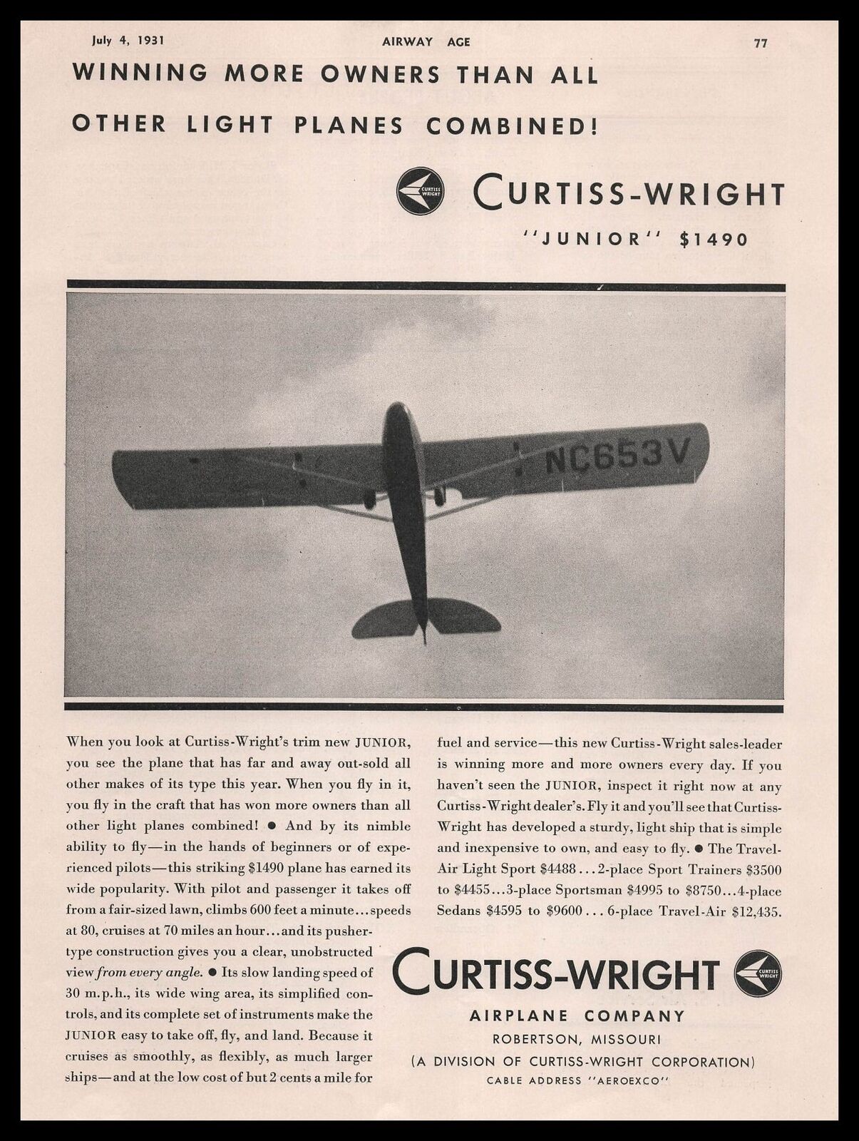1931 Curtiss Wright Airplane Co. Robertson Missouri Photo Junior Plane Print Ad