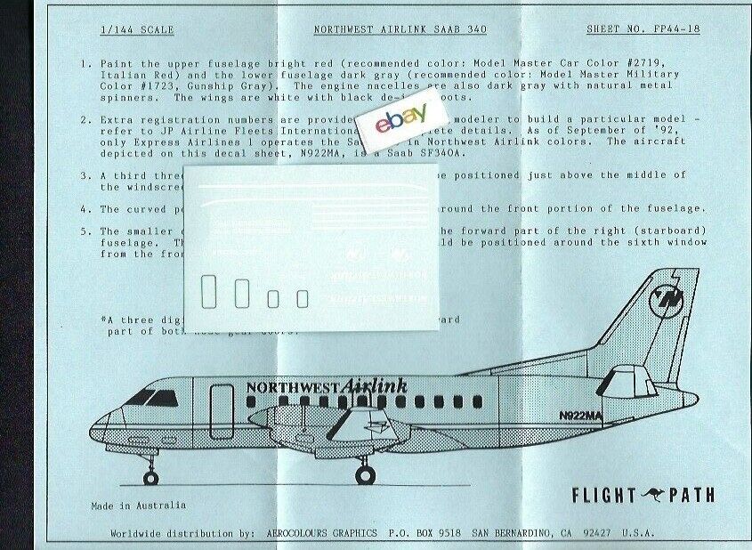 NORTHWEST AIRLINES AIRLINK 1/144 SCALE SAAB 340 DECALS & INSTRUCTIONS FLT/PATH