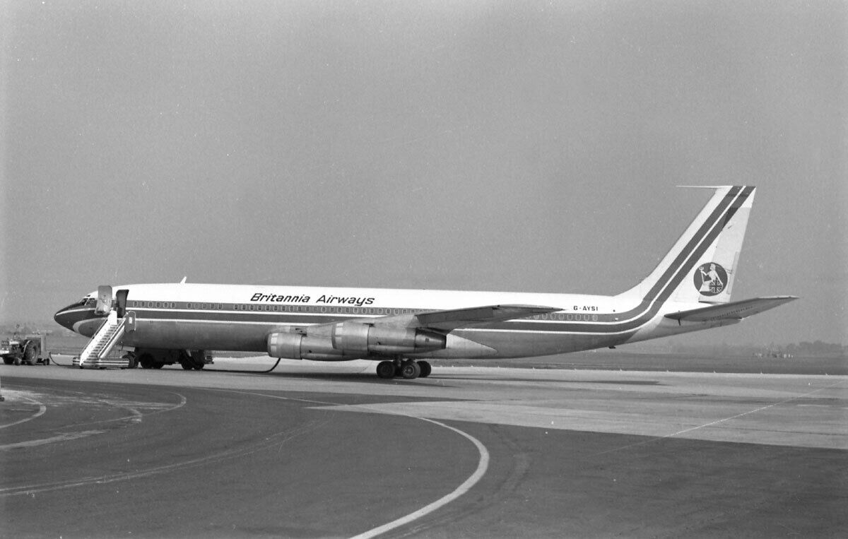 BRITANNIA AIRWAYS, Boeing 707, G-AYSI, at Birmingham, THREE 35mm size NEGATIVES