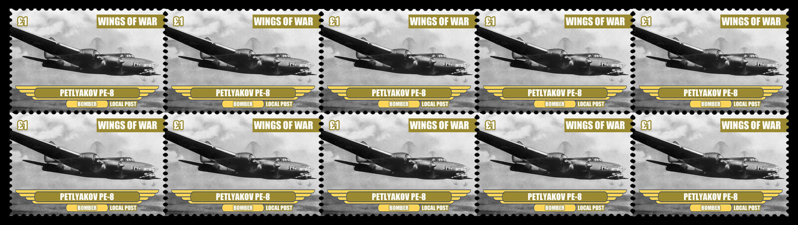 PETLYAKOV PE 8 BOMBER PLANE WORLD WAR 2 WINGS OF WAR STRIP OF 10 MINT STAMPS