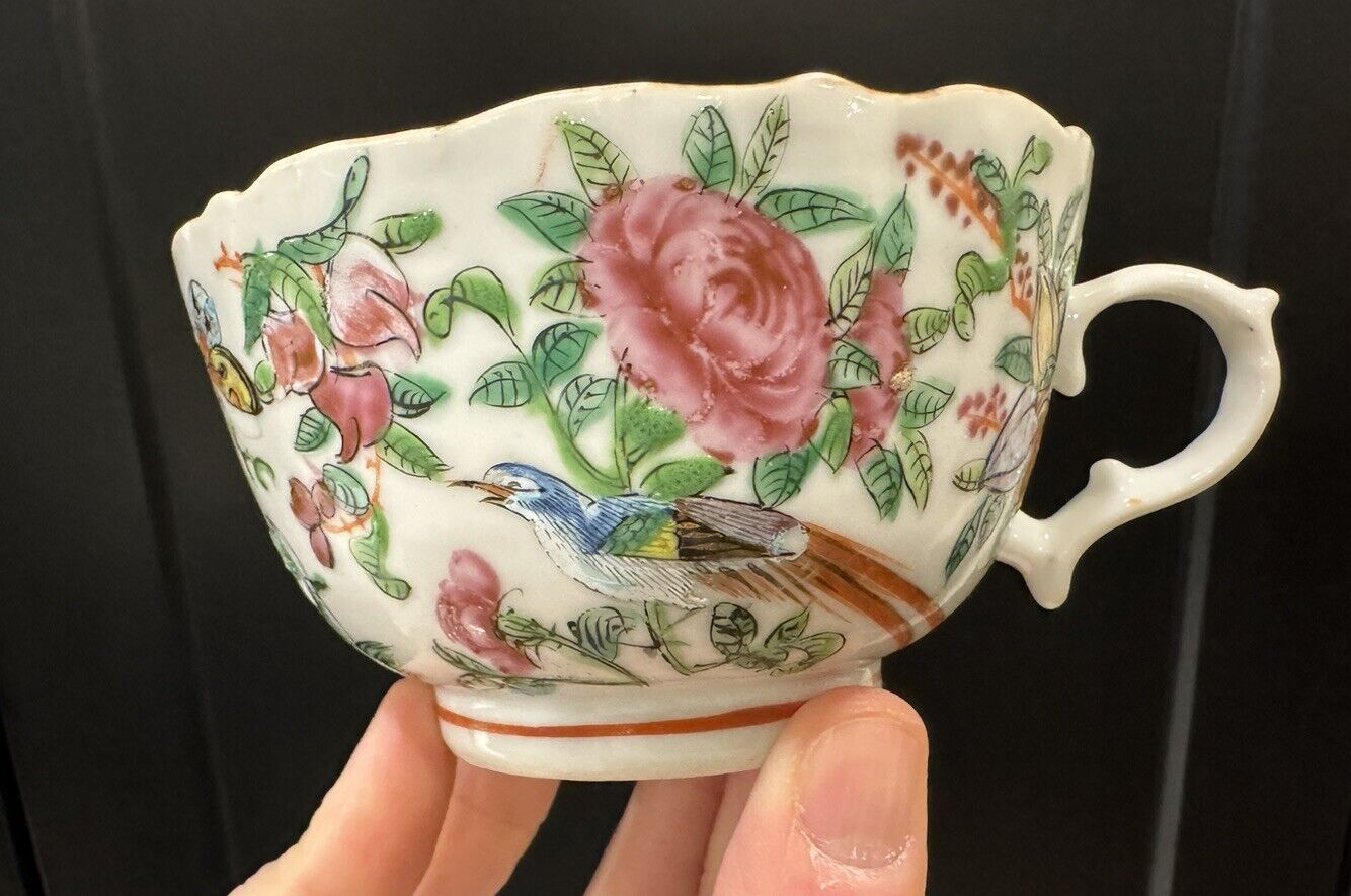 Antique Chinese Canton Porcelain Butterfly And Bird Teacup READ DESCRIPTION