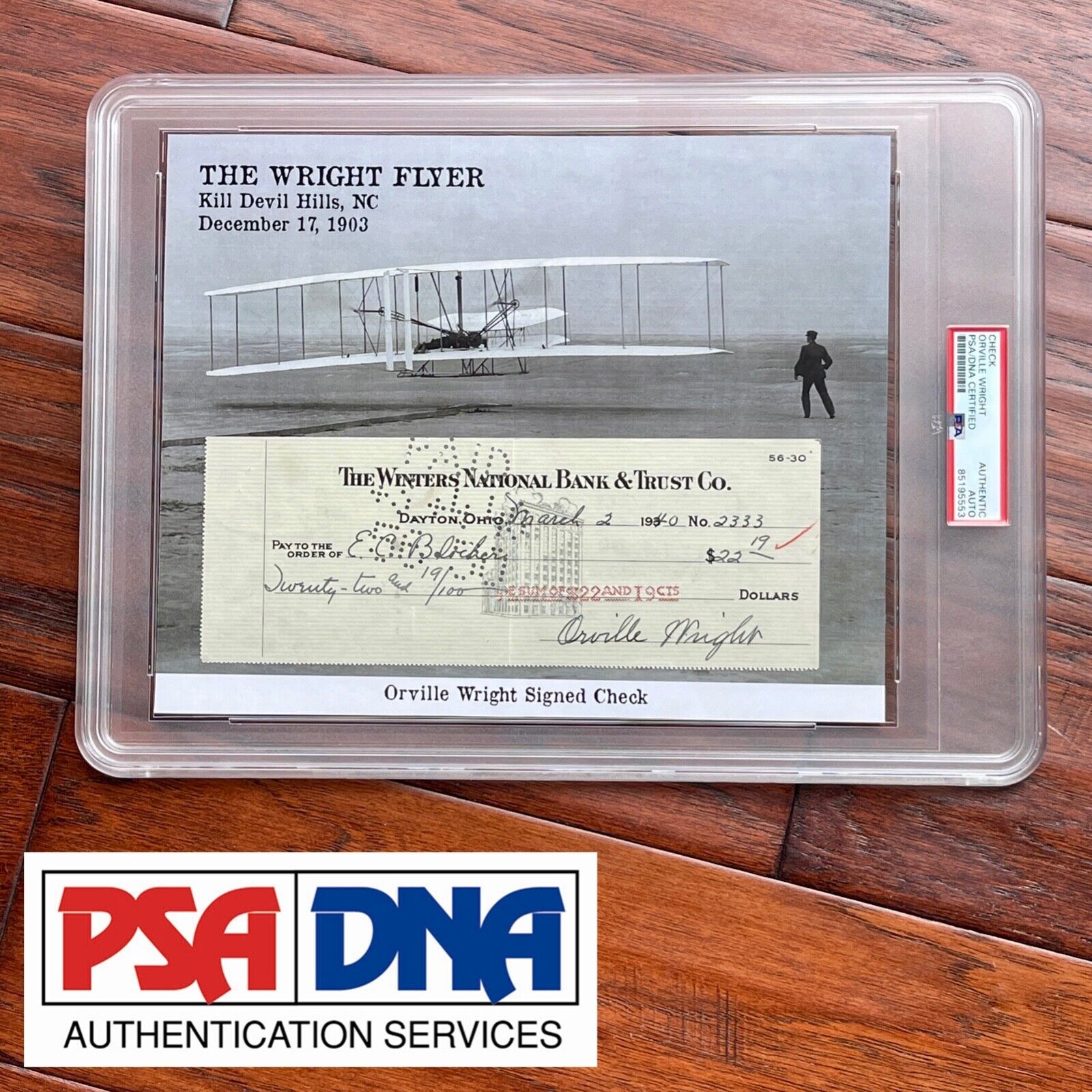 ORVILLE WRIGHT * PSA * Handwritten AUTOGRAPH Check SIGNED * 1940 Wright Brothers