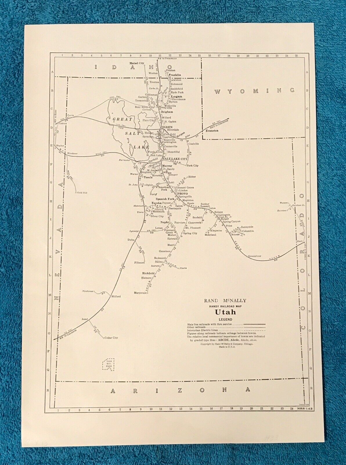 1933 UTAH Rand McNally Handy Railroad Map, Good Reference, Detailed