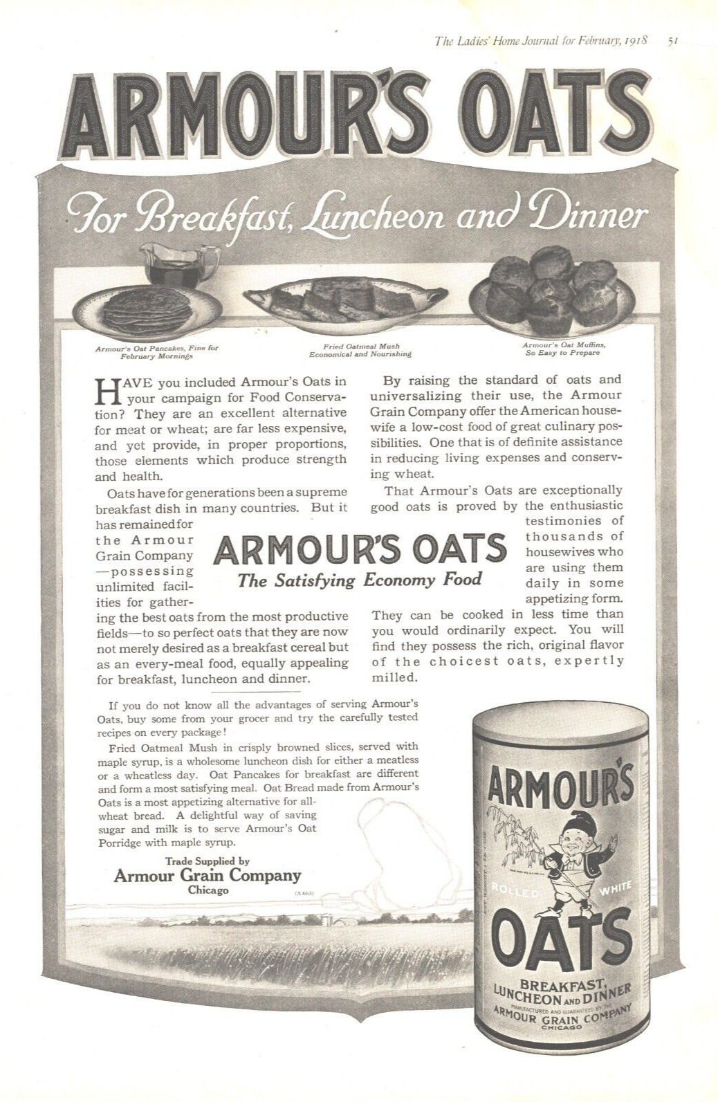 1918 Armour Oats Antique Ad WW1 Era Satisfying Economy Food War Conservation
