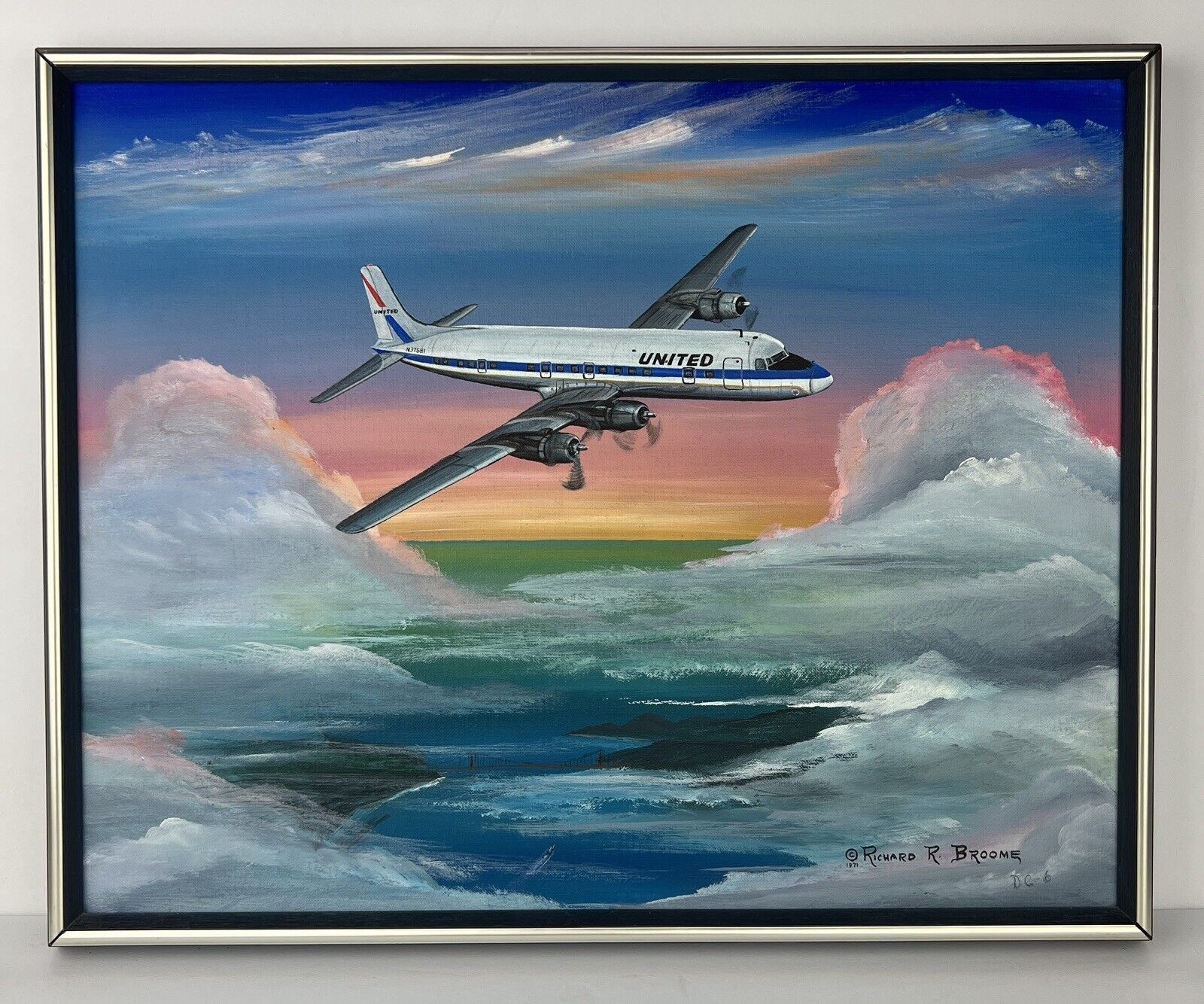 Vtg Richard R Broome United Airlines Painting Sunset San Francisco Bridge 21x17