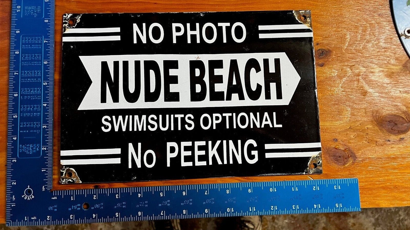 Vintage NUDE BEACH NO PEEKING Porcelain Sign RARE