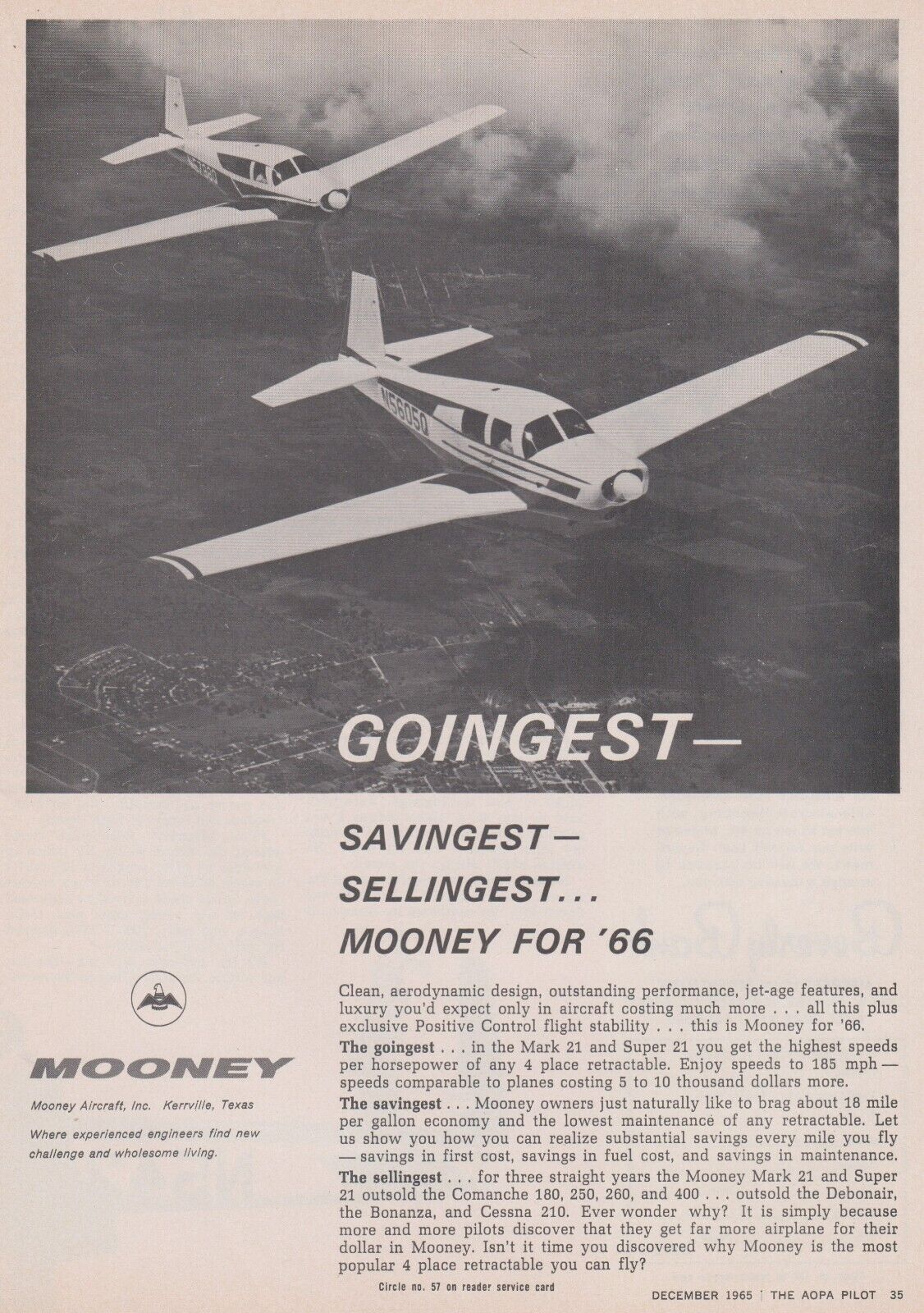 Aviation Magazine Print - Mooney Aircraft Mark 21 and Super 21 for 1966 (1965)