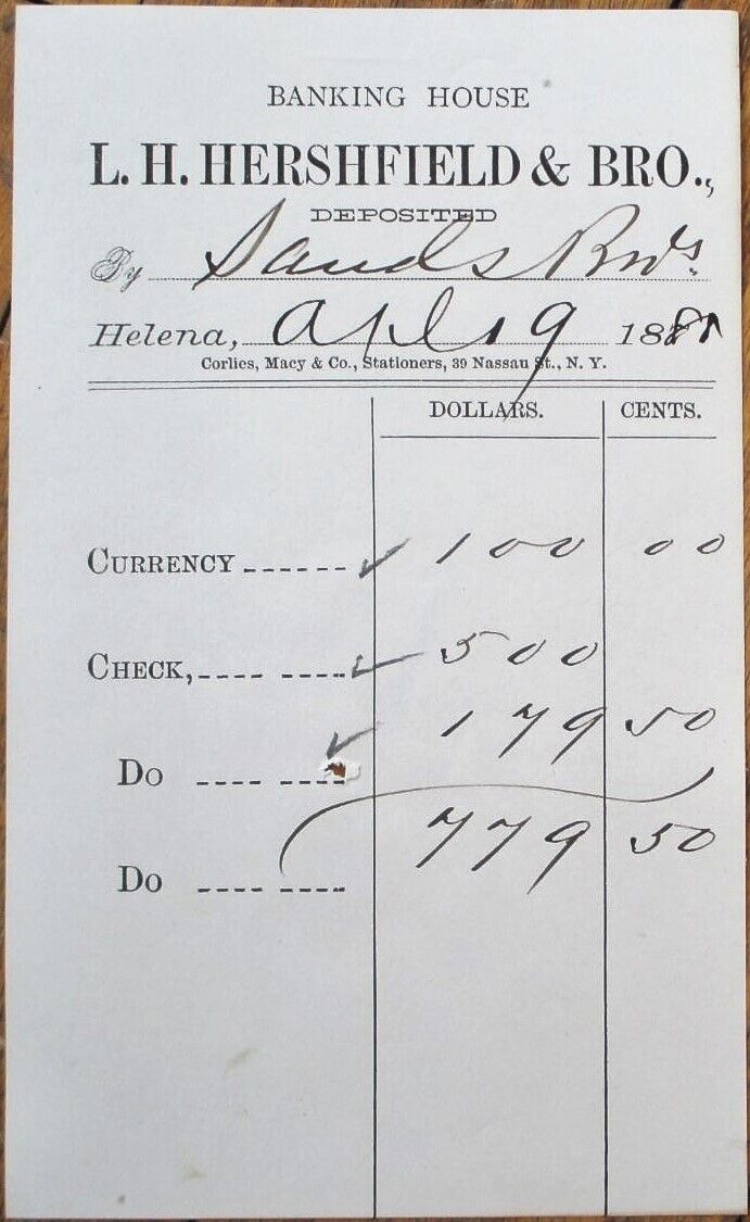 Helena, MT 1881 Bank Deposit Receipt, L H Hershfield and Brother, Montana Mont