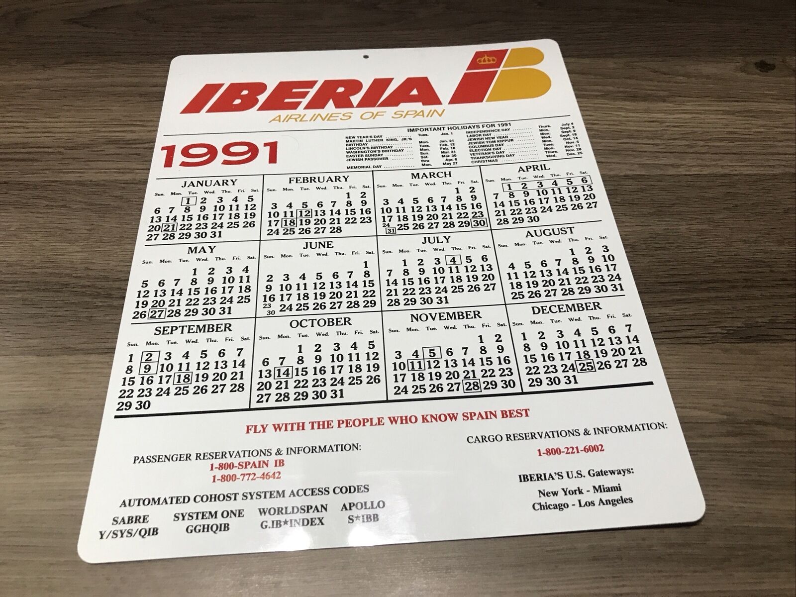Iberia Airlines 1991-1992 Large Plastic Calendar 