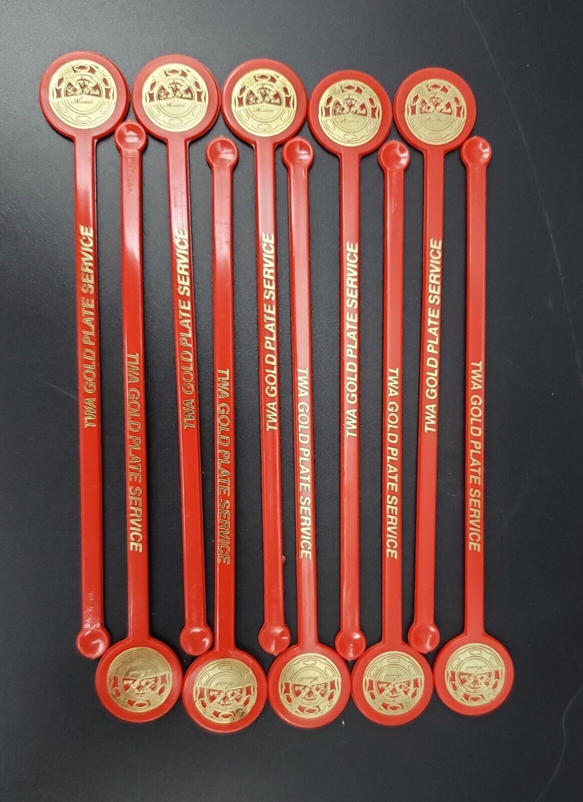 10 - Vintage TWA Gold Plate Service Swizzle Sticks, Red Color, 1976
