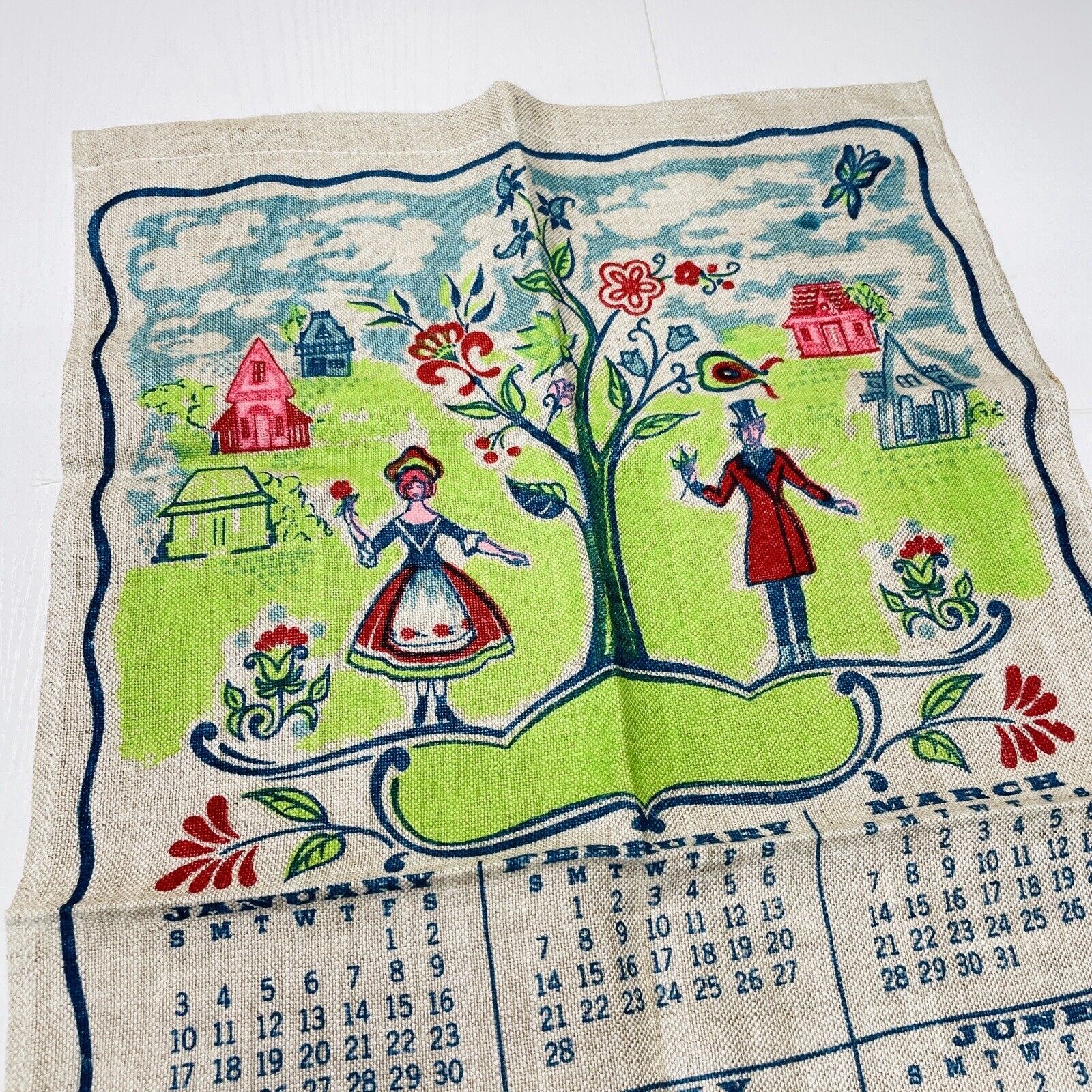 VTG 1965 Linen Calendar Kitchen Tea Towel Amish Dutch Folk Art Garden Blue Green