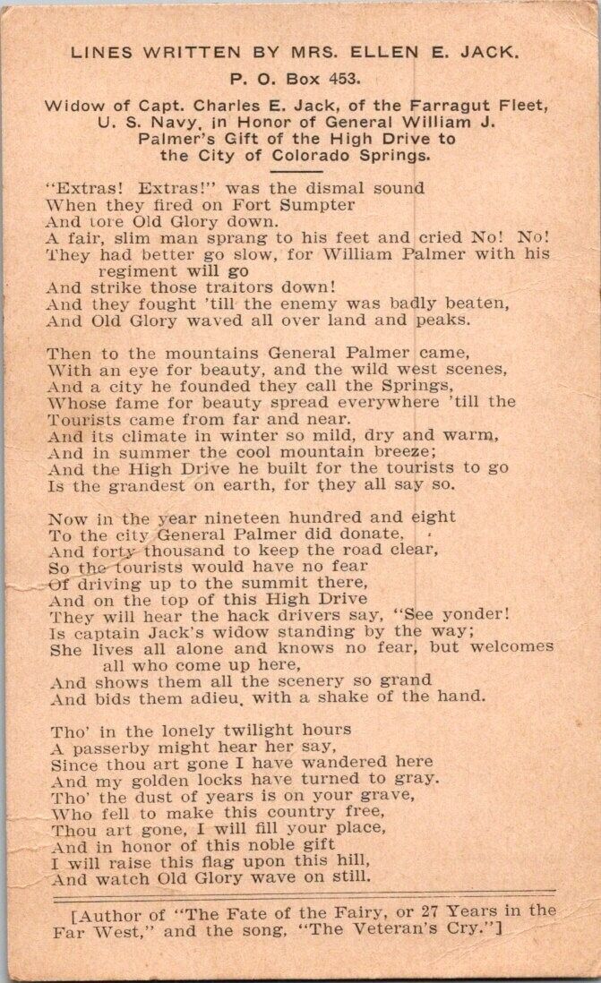Postcard /Trade 1930\'s Poem  Mrs. Ellen E. Jack for General William J. Palmer