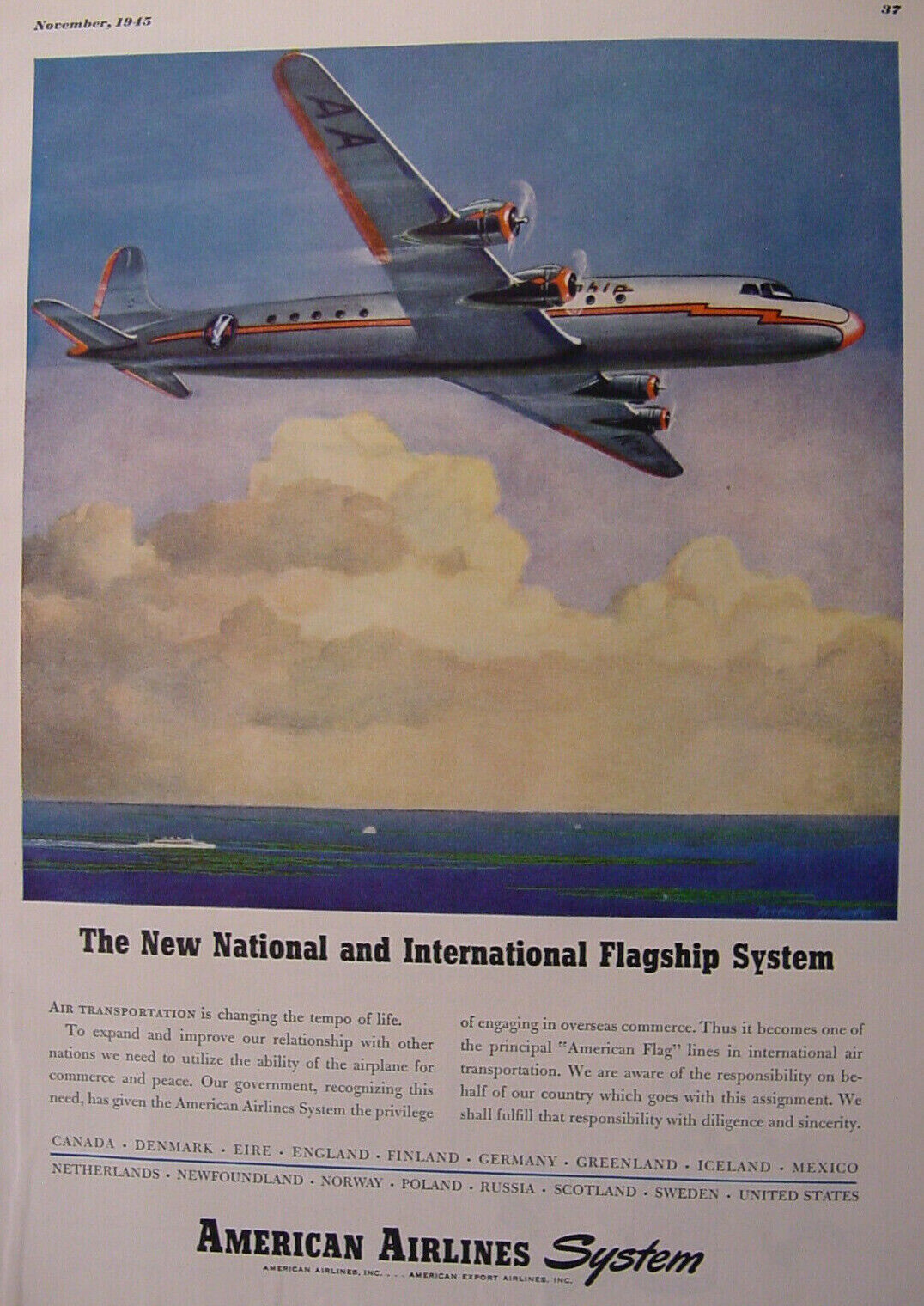 1945 Esquire Original Advertisement WWII Era AMERICAN Airlines PM Whiskey
