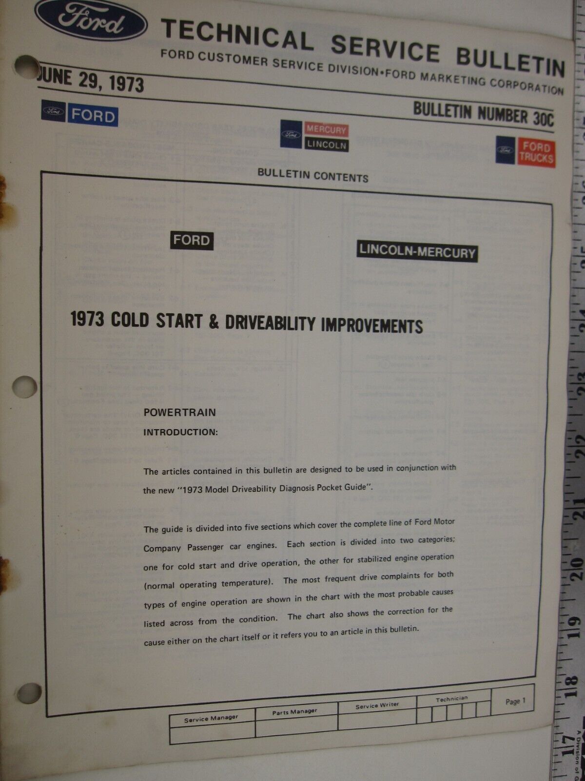 June 29, 1973 FORD Technical Service Bulletin Number 30C   BIS