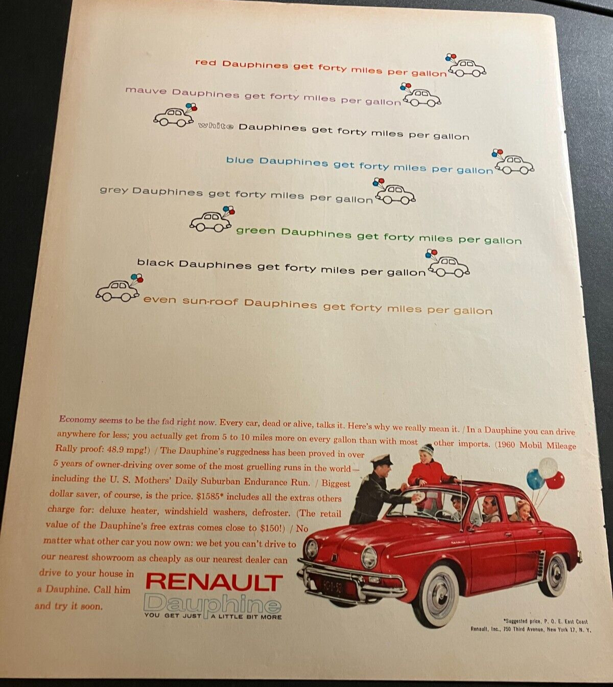 Red 1960 Renault Dauphine - Vintage Original Automotive Color Print Ad Wall Art