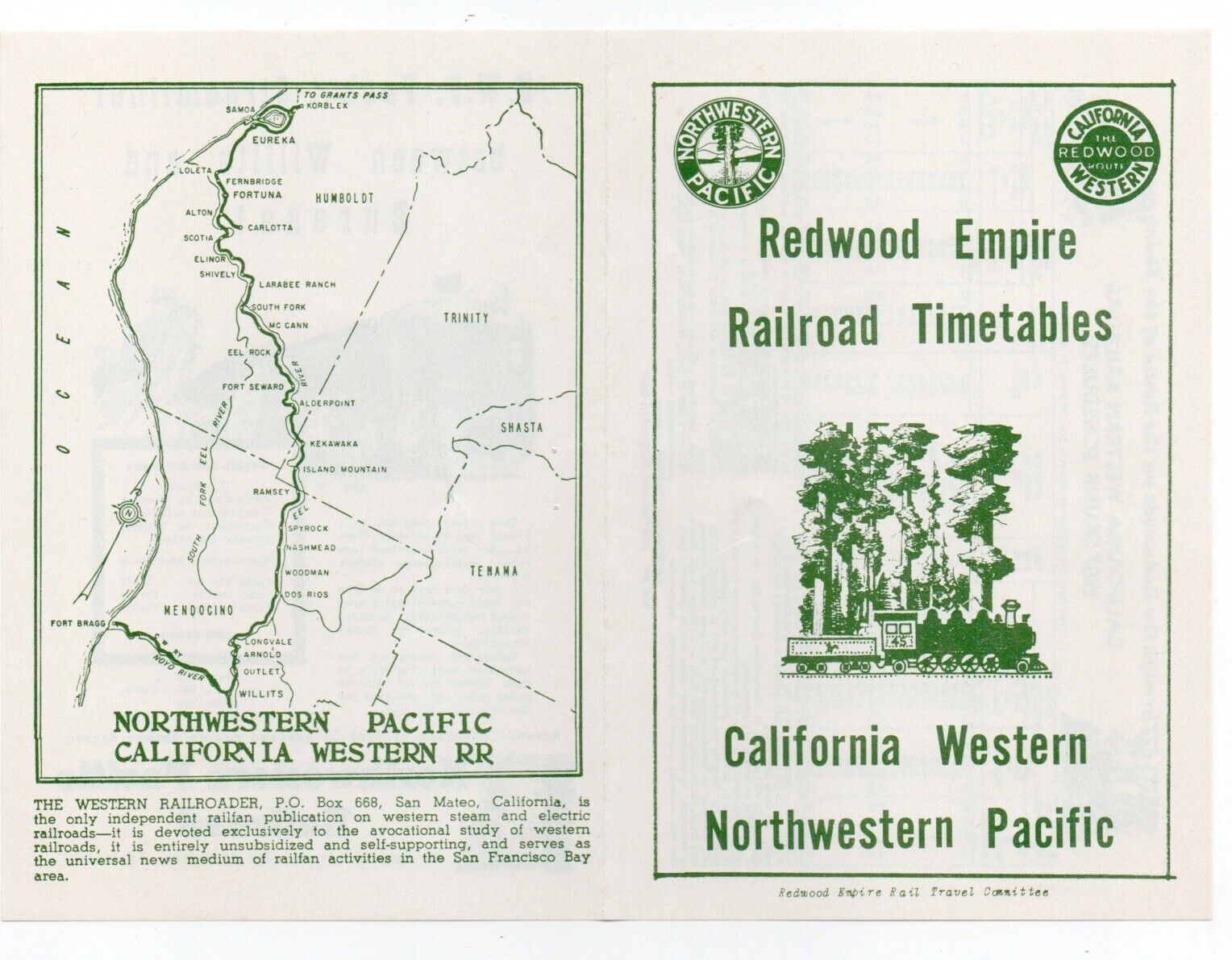 1967 Northwestern Pacific Redwood Empire Skunk Train Timetable