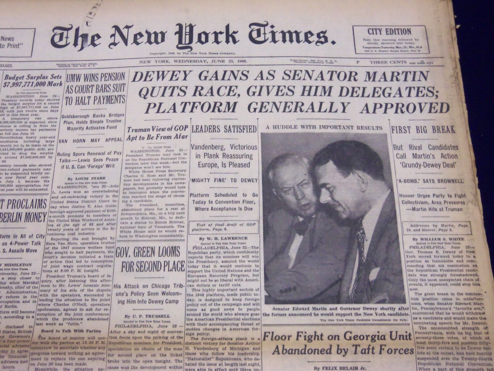 1948 JUNE 23 NEW YORK TIMES - DEWEY GAINS AS SENATOR MARTIN QUITS RACE - NT 153