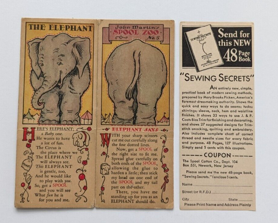 Vtg 1931 Clark's ONT J&P CoatsTHE ELEPHANT John Martin's Spool Zoo Trade Card