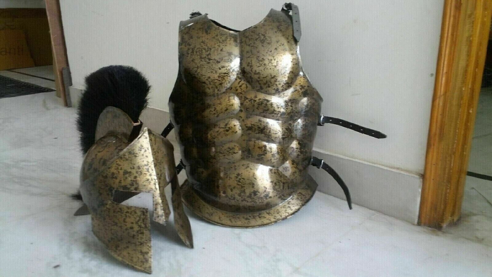 Medieval Antique SPARTAN Helmet Black Plume With MUSCLES JACKET HALLOWEEN GIFT