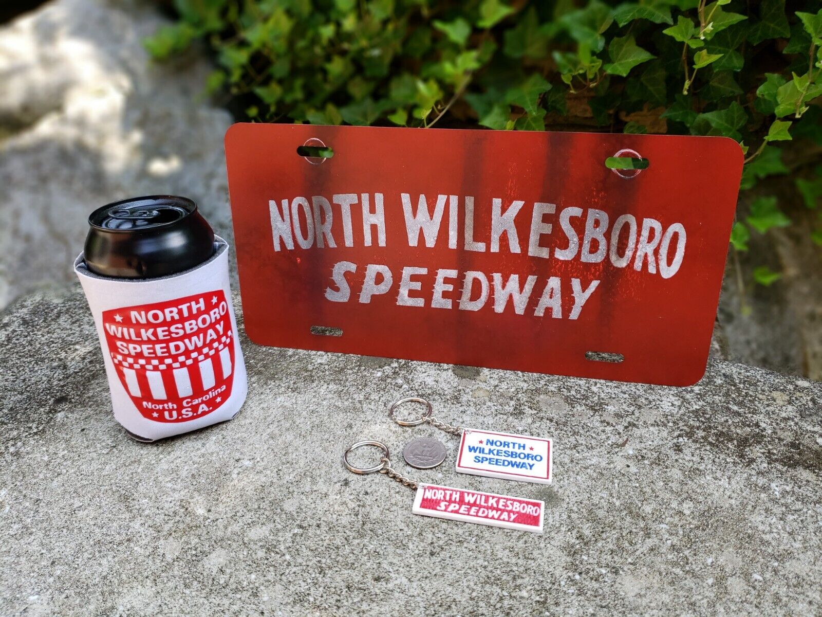 North Wilkesboro Speedway Retro Fan Club lot. 2 Keychains, Can Cooler, and Tag 