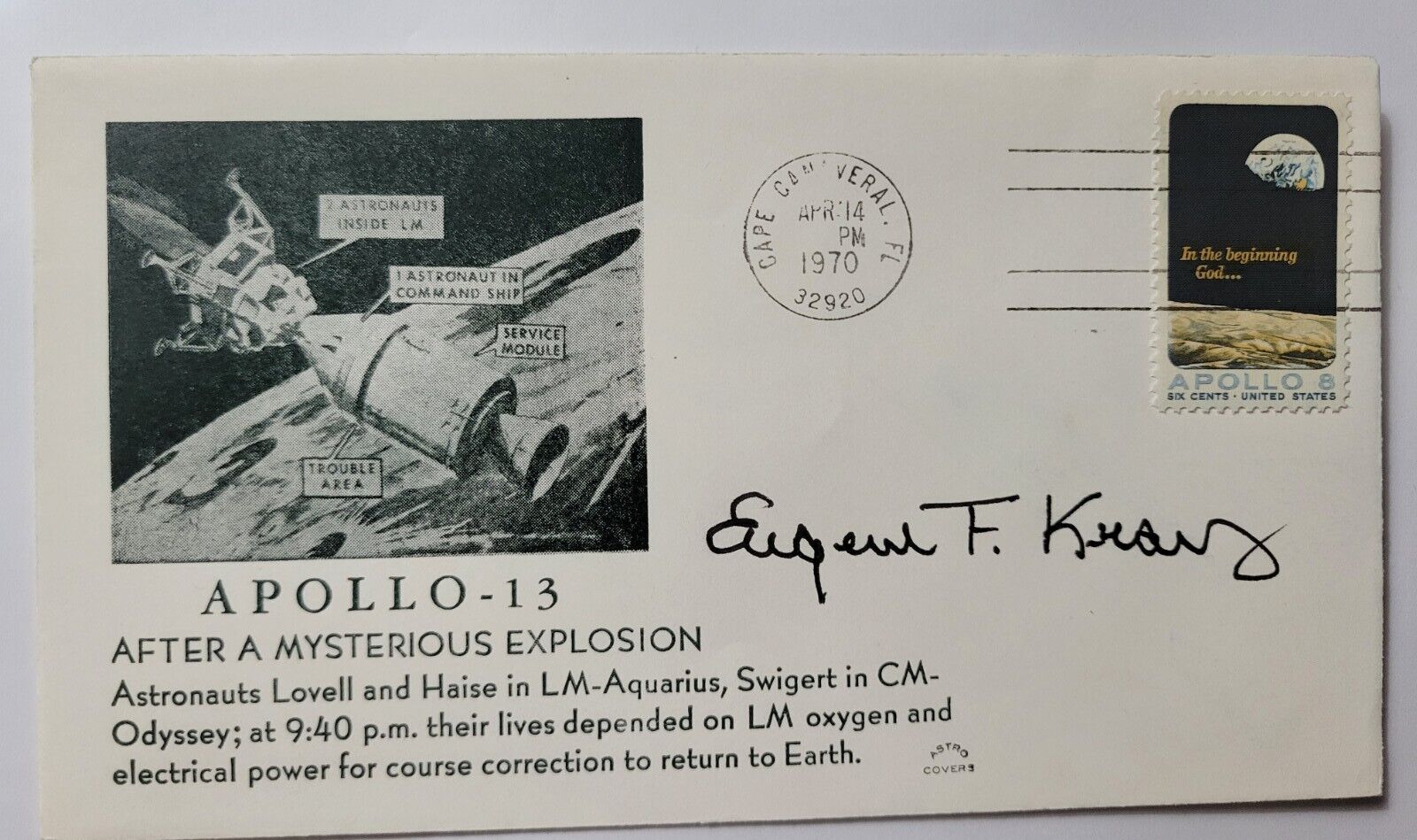 Eugene Kranz SIGNED Apollo 13 Postal Cover AFTER A MYSTERIOUS EXPLOSION 4/14/70