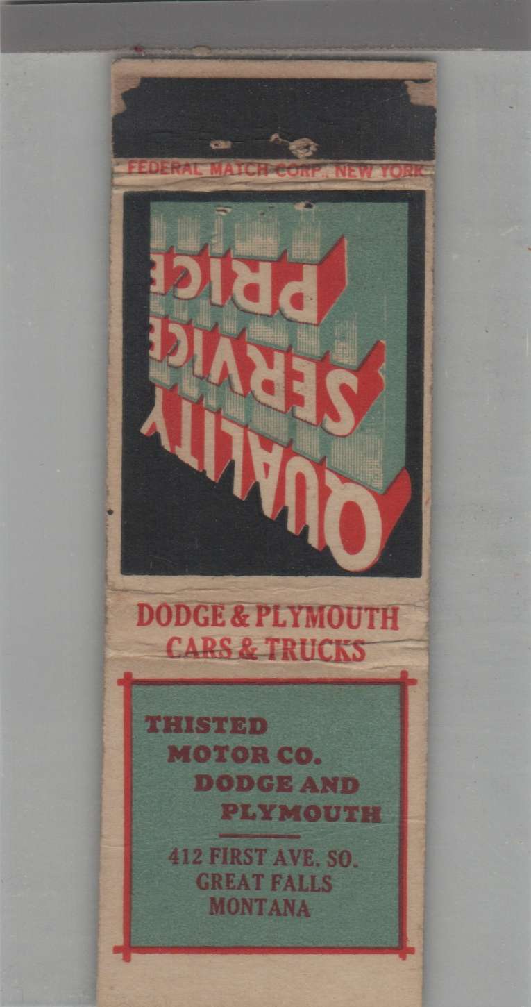 Matchbook Cover - Dodge Dealer - Thisted Motor Co. Great Falls, MT Federal Tall