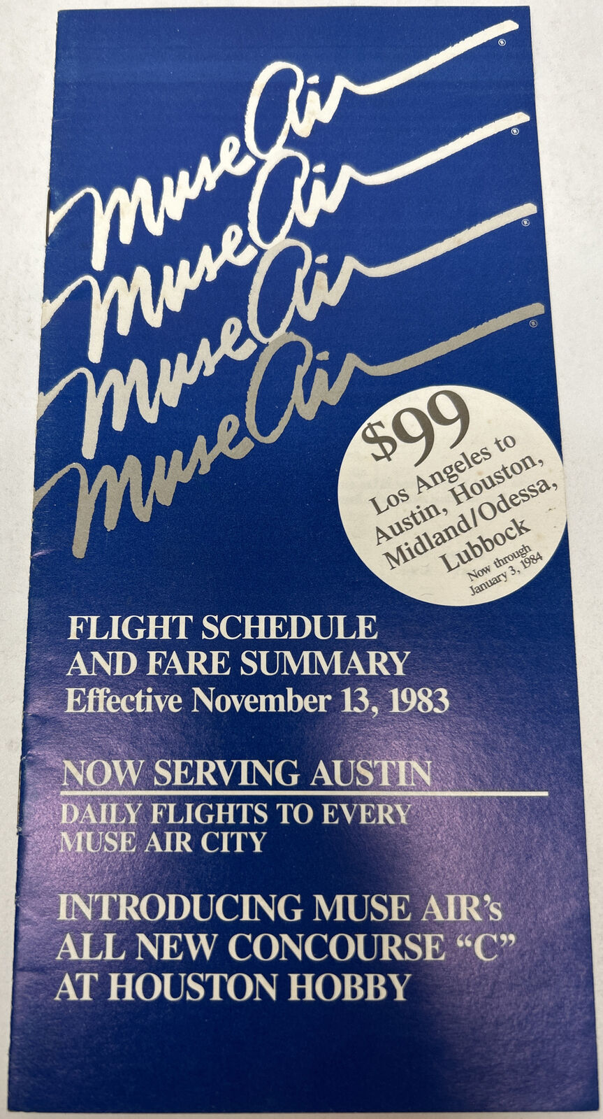 Muse Air Flight Schedule and Fare Summary November 13, 1983 Vintage Brochure