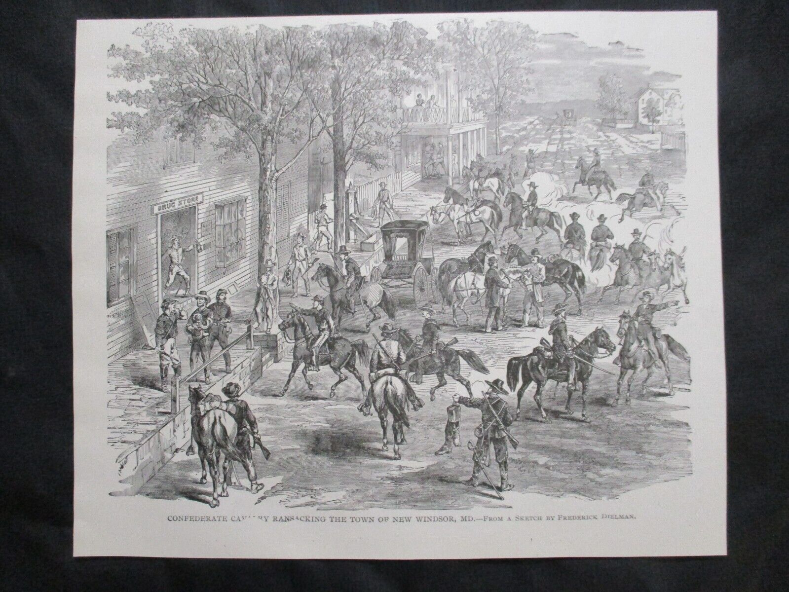 1884 Civil War Print - Confederate Cavalry Ransacking New Windsor, Maryland