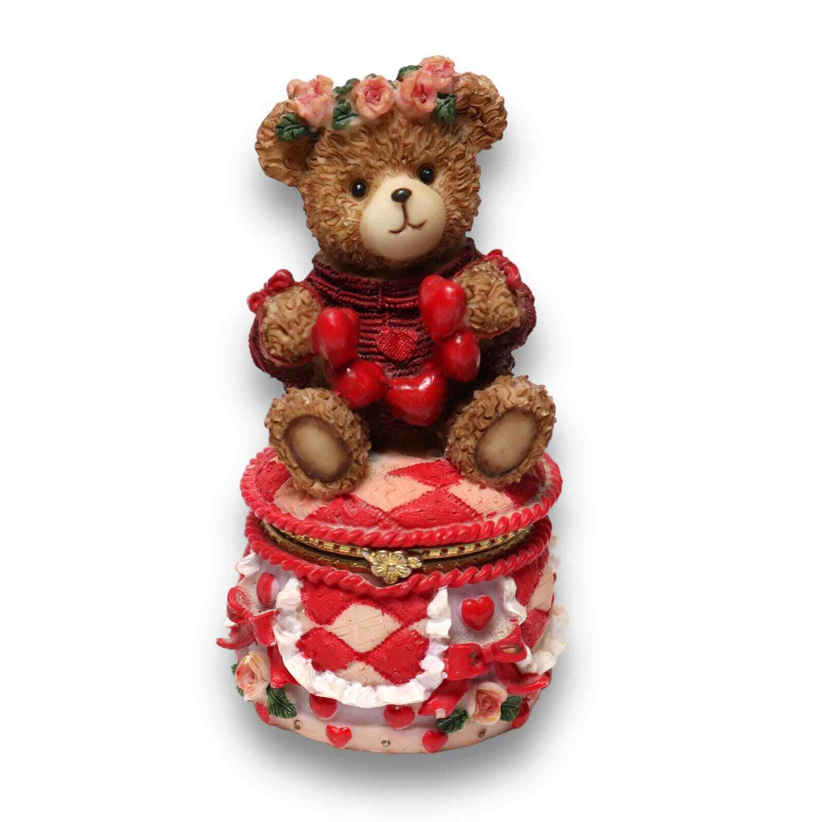 Vintage 1990s Teddy Bear Heart Trinket Box Figurine