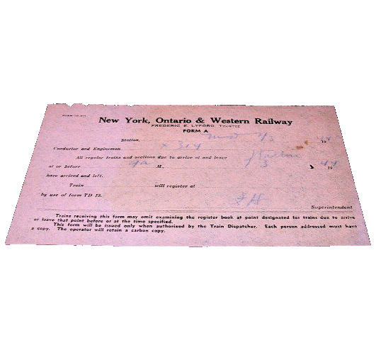 1944 NEW YORK ONTARIO & WESTERN NYO&W CLEARANCE CARD FORM A EXTRA 314