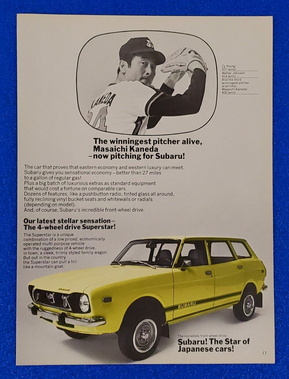 1975 SUBARU SUPERSTAR 4-WHEEL DRIVE ORIGINAL PRINT AD W/ MASAICHI KANEDA LOT B29