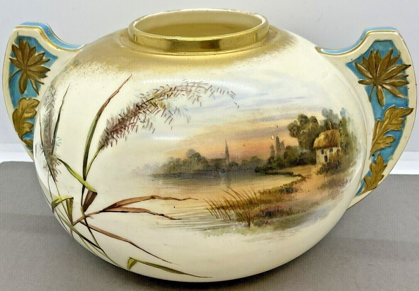 Vintage Stoke & Sons Crescent China Urn Vase Pot Grass Cattail Pond Thatch House