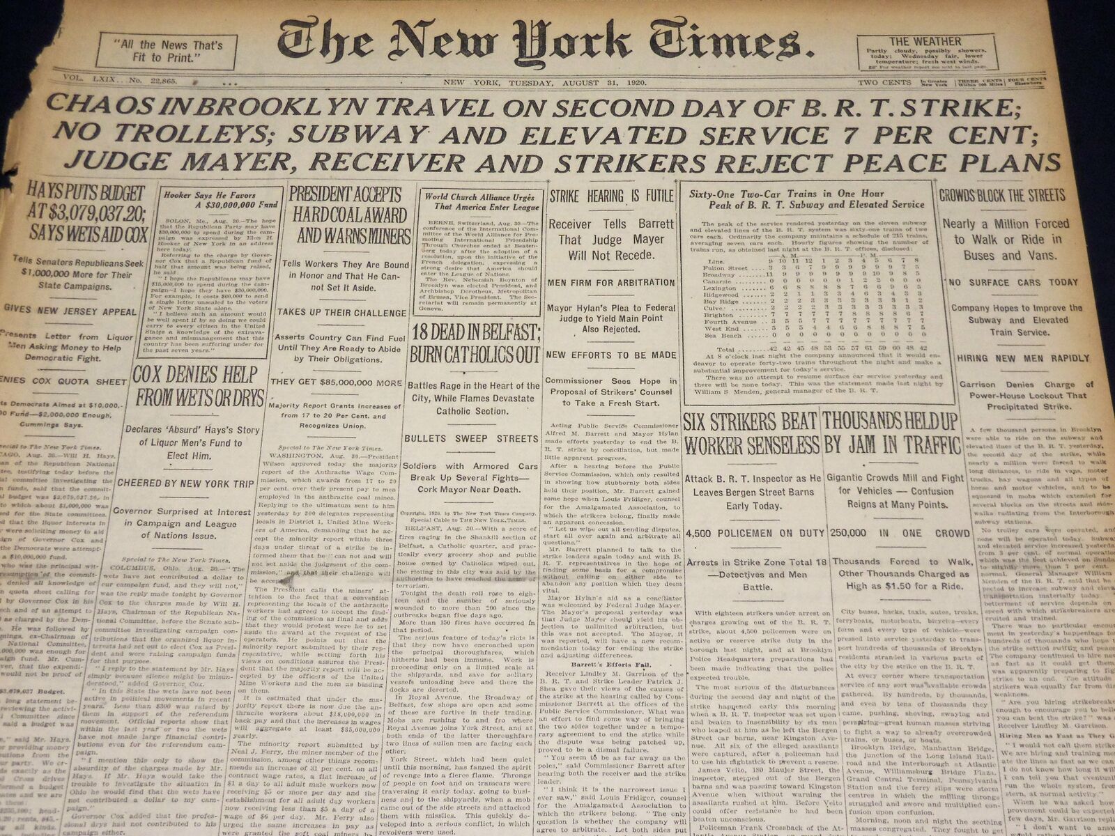 1920 AUGUST 31 NEW YORK TIMES - CHAOSIN BROOKLYN B.R.T. STRIKE - NT 8562