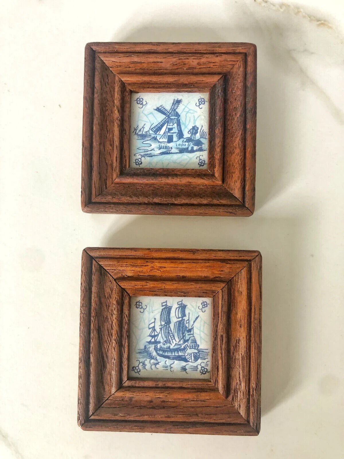Delft Blue framed tiles, hand made and painted, windmill and ship themed