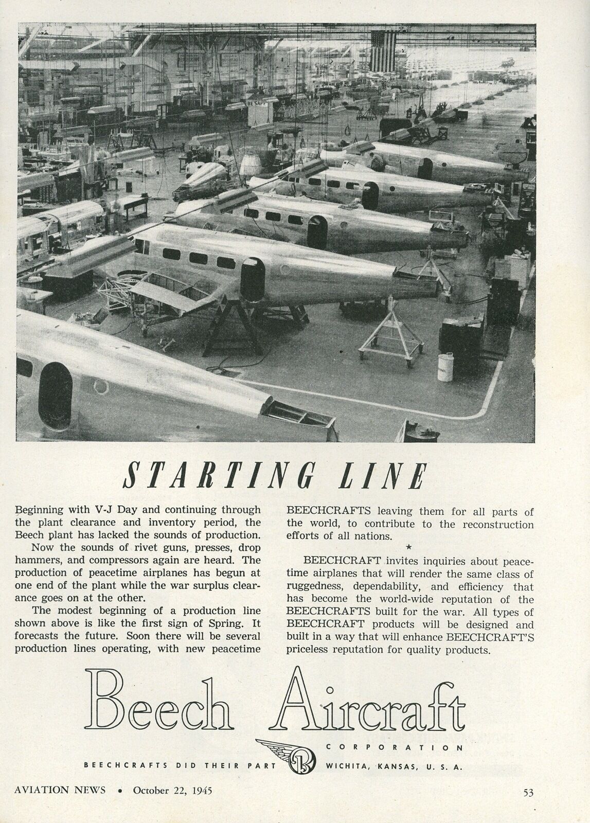 1945 Beech Aircraft Ad Beechcraft Production Starting Again After War WWII 