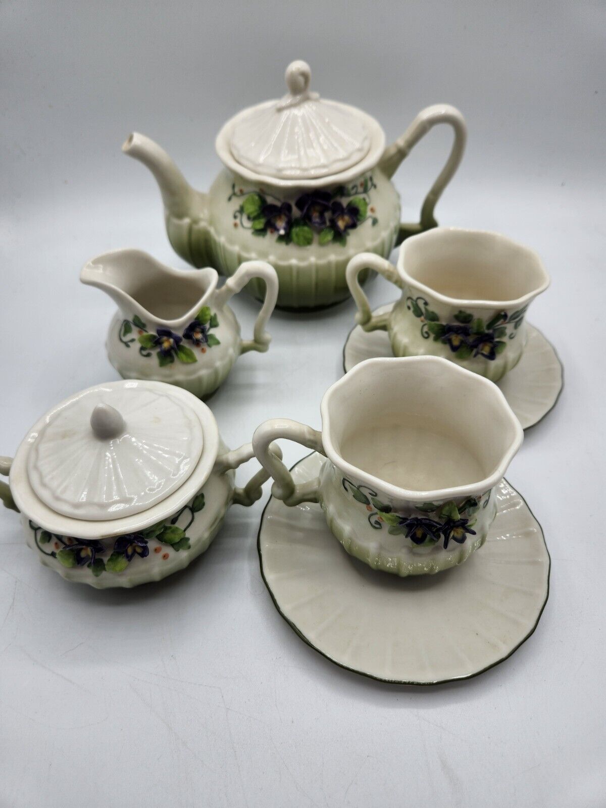 Katherine\'s Collection Porcelain Tea Set White Green with Purple Flowers