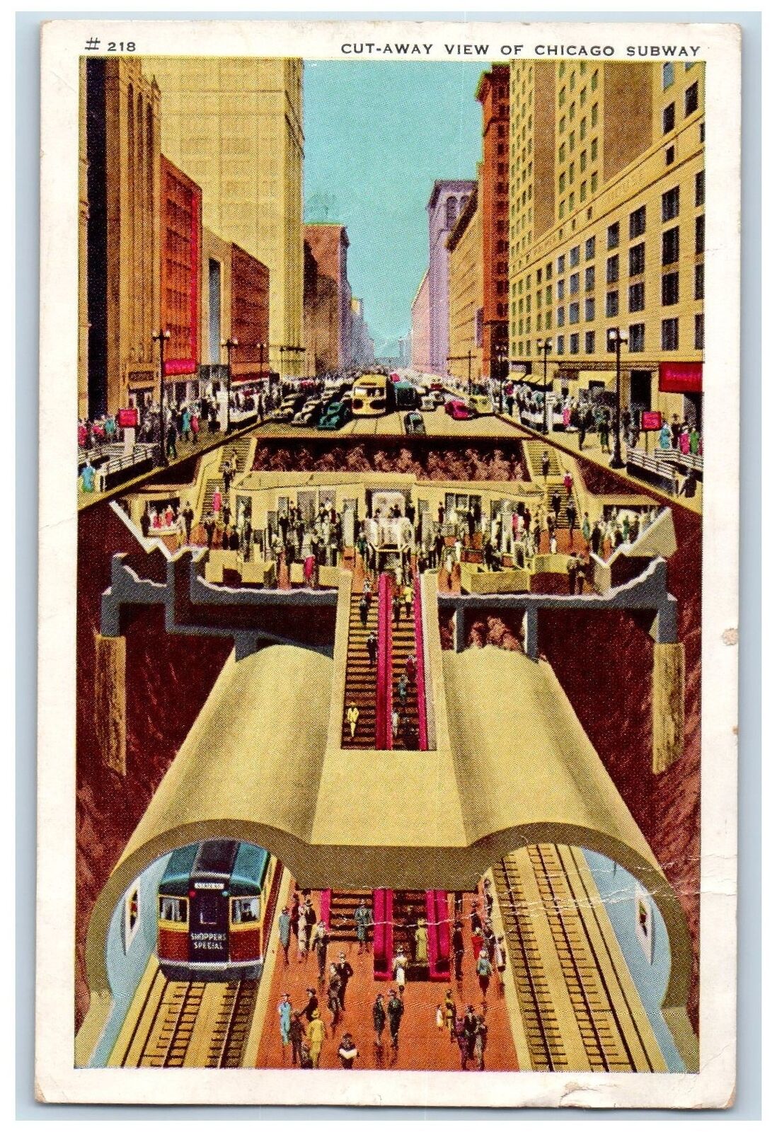 Chicago Illinois IL Postcard Cut-Away View Of Chicago Subway c1940s Train Scene