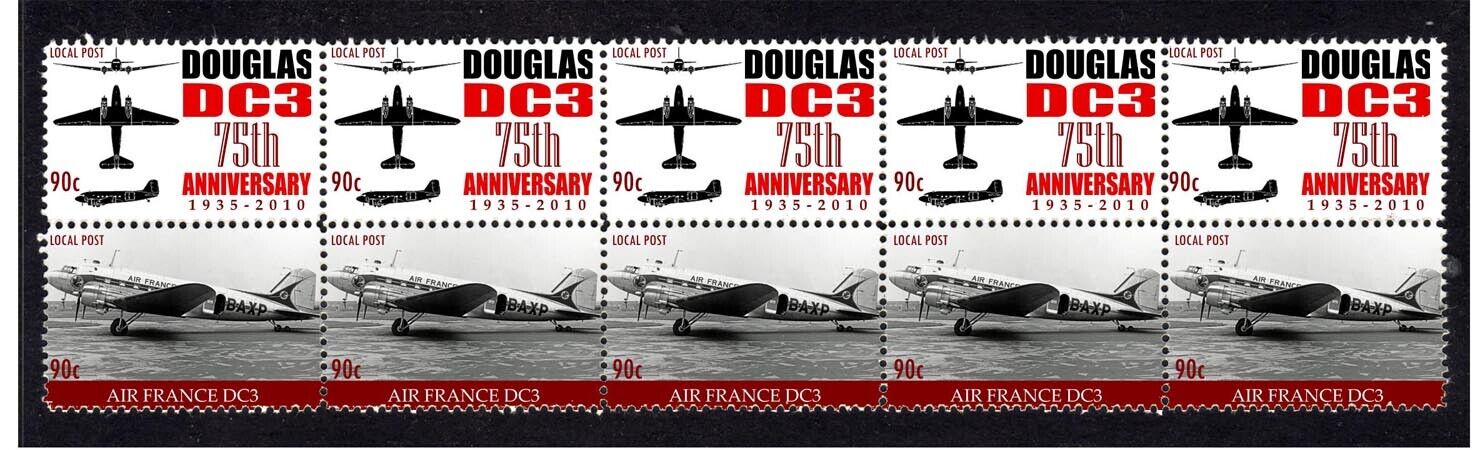 THE DOUGLAS DC3 75th ANNIV STRIP OF 10 MINT STAMPS, AIR FRANCE DC3