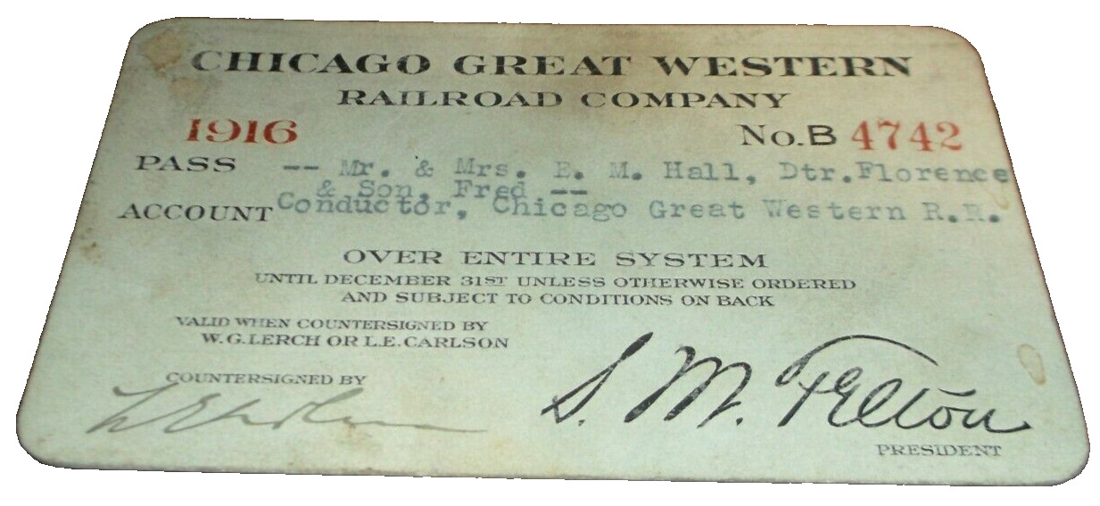 1916 CHICAGO GREAT WESTERN RAILWAY CGW EMPLOYEE PASS #4742