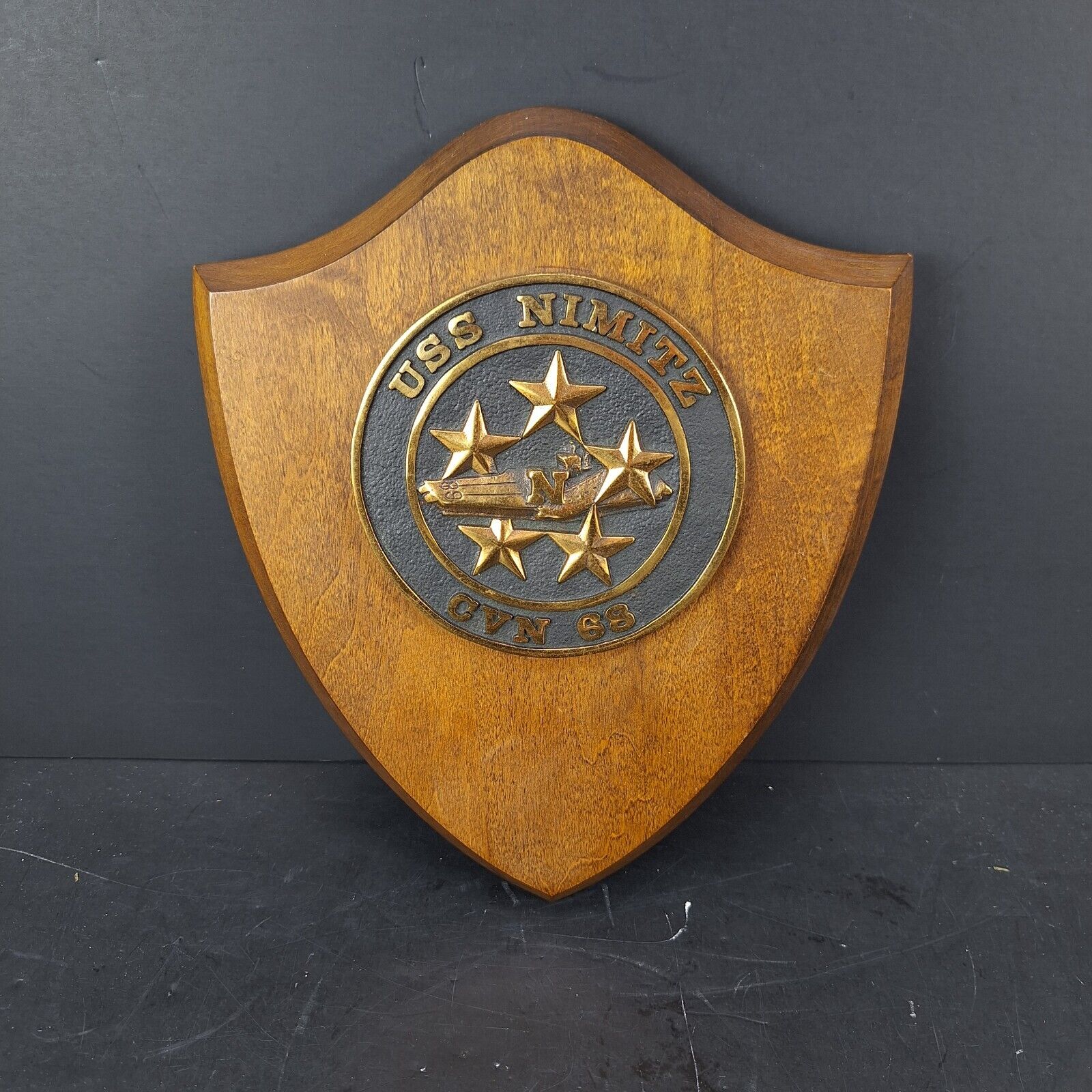Military Decor USS Nimitz CVN-68 Solid Brass Emblem on Wood Plaque 8.5\