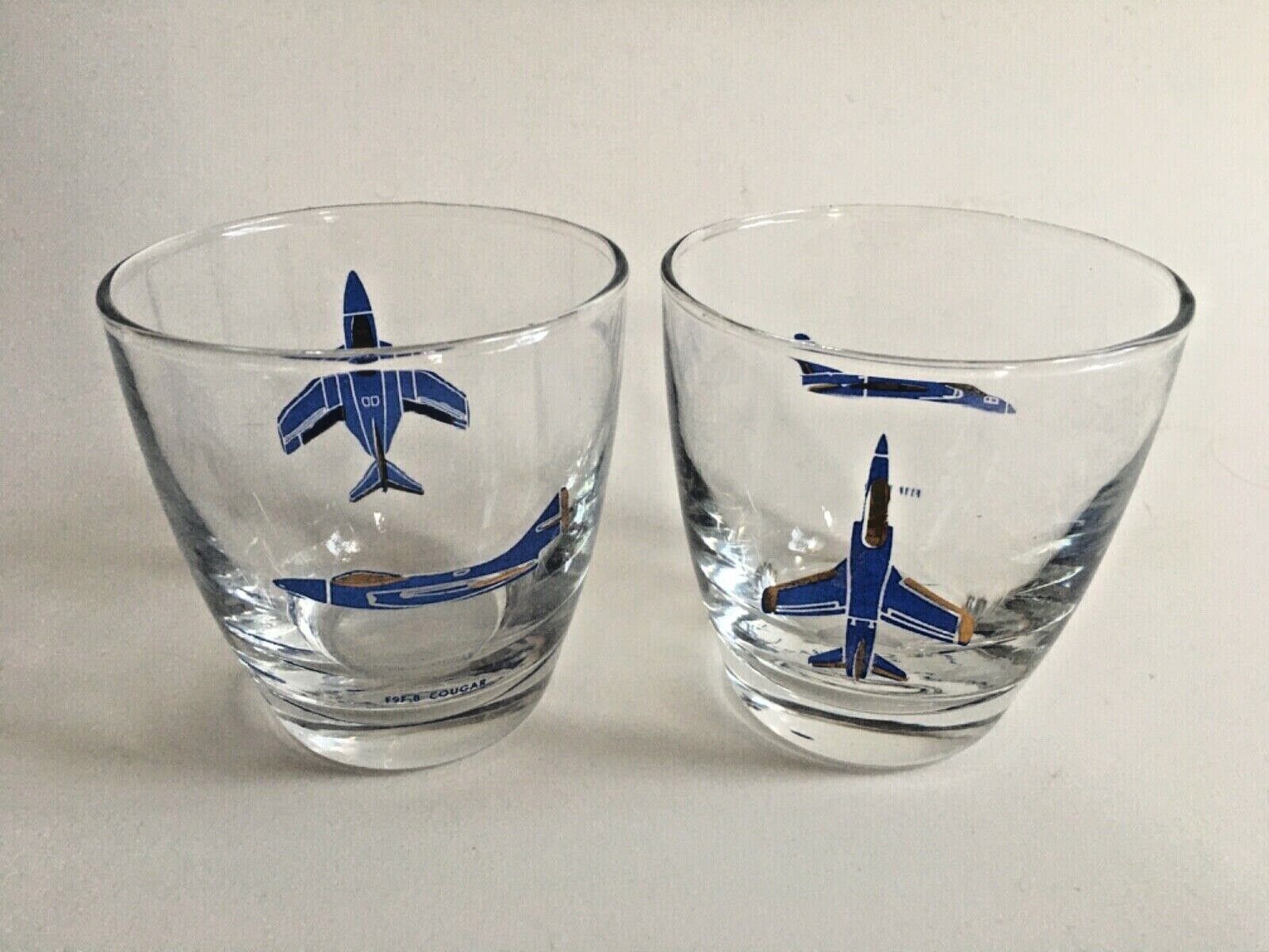 VINTAGE GRUMMAN COUGAR & TIGER AIRCRAFT DRINK GLASSES BAR 3.5” T LOT OF 2 RARE