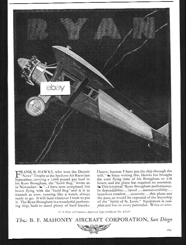 B.F MAHONEY SPIRIT OF ST LOUIS RYAN  FRANKS HAWKS WINS SPOKANE AIR RACE 1928 AD