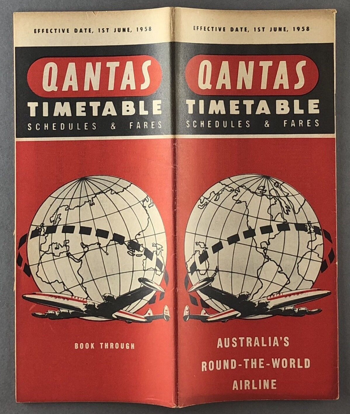 QANTAS AIRLINE TIMETABLE JUNE 1958 ROUTE MAP QF AUSTRALIA QF 