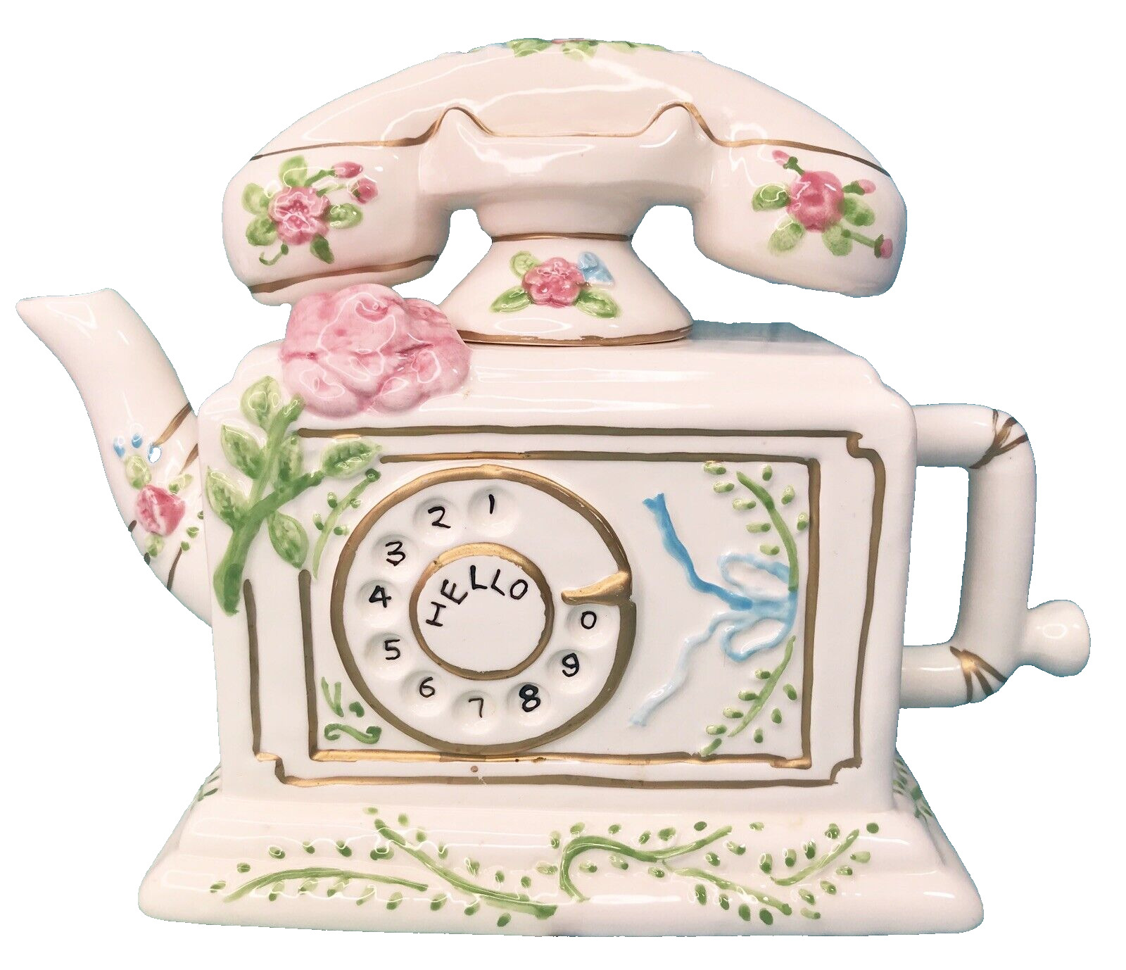 Antique Looking Porcelain Telephone Flower Teapot Rotary Grandma House Decor 7\