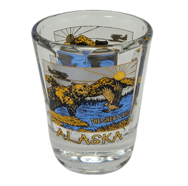 Alaska The Great Land Shot Glass Bear Eagle Helicopter Mountains Souvenir 