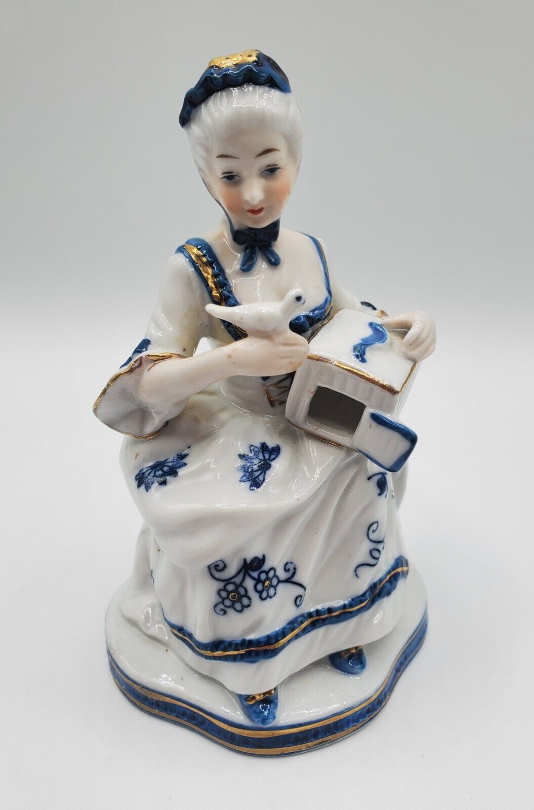 Vintage KPM Porcelain Blue and White Victorian Lady with Bird and Cage Figurine 