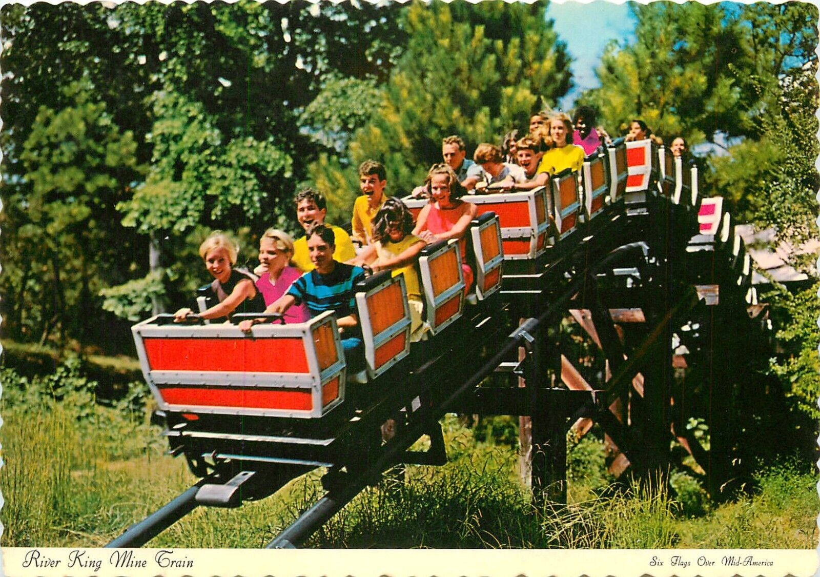 c1970s Six Flags Over Mid America -St Louis, River King Mine Train Ride Postcard
