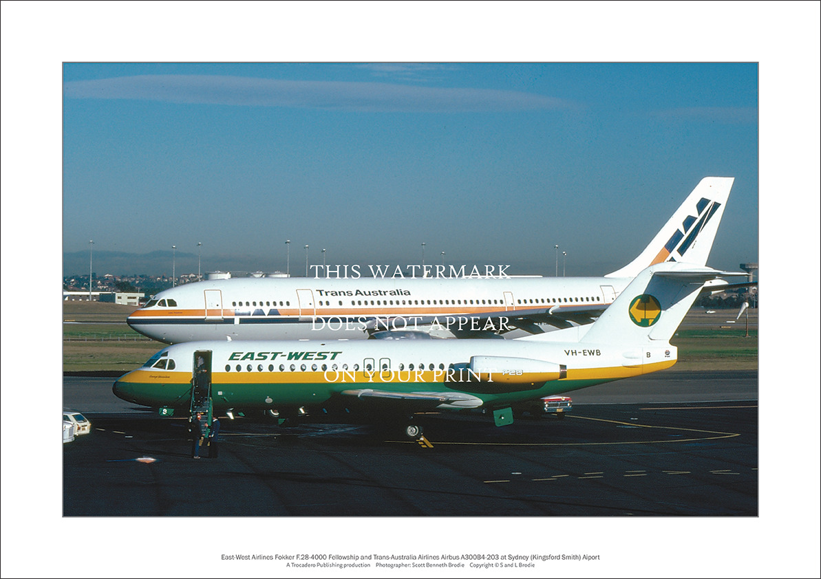 East-West Fokker F.28, TAA Airbus A300 A3 Art Print – Sydney – 42 x 29 cm Poster