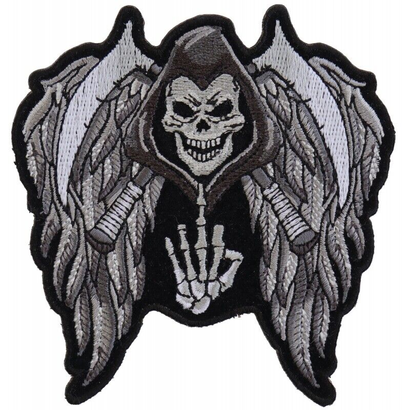Embroidered Patch (Iron-On), Grim Reaper Skull Wings Middle Finger, 4\