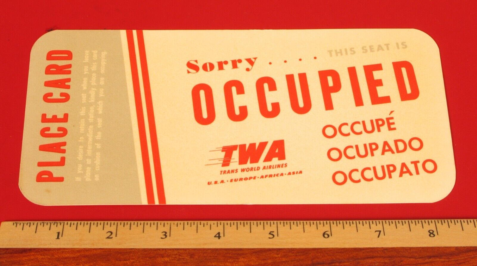 VINTAGE PLACE CARD SORRY THIS SEAT IS OCCUPIED TWA TRANS WORLD AIRLINES 